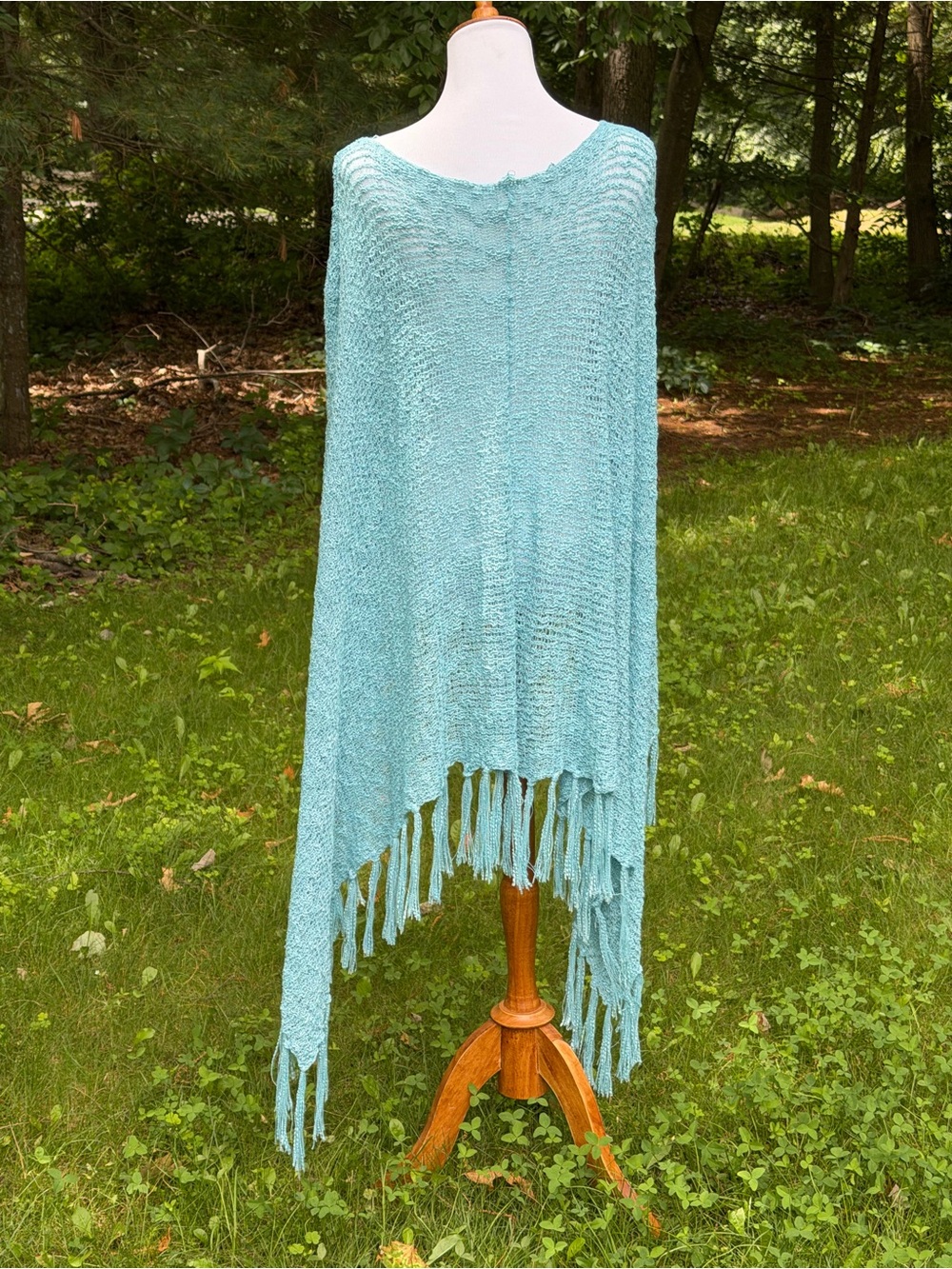 Fringe Knit Poncho in Light Aqua - Picture 3 of 5
